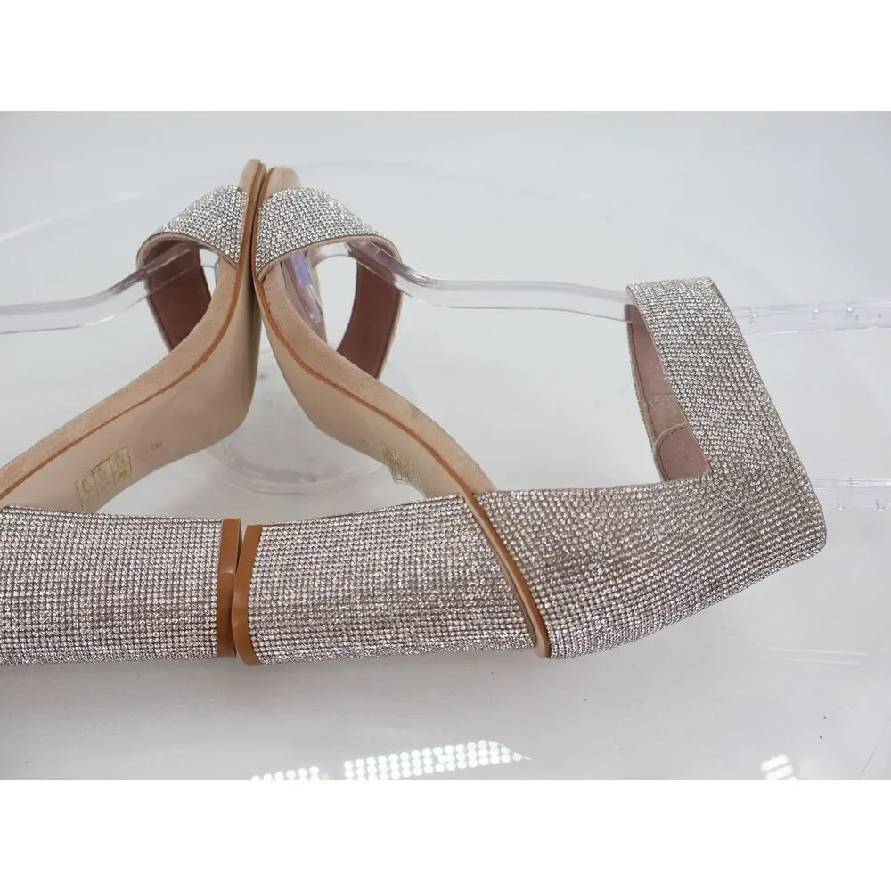 Jeffrey Campbell Silver Rhinestone Nude Block Heel Size 8 Ankle Strap Sandal